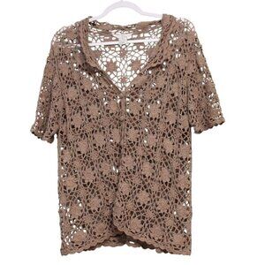 Vintage Open Knit Cardigan Large Ramie Cotton Crochet Floral Boho Cottagecore